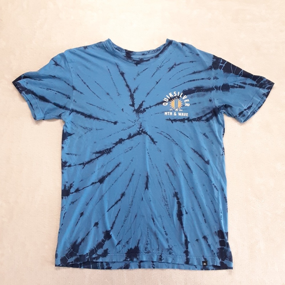 Quiksilver Mens Tie Dye Graphic Tee Medium Blue Mtn & Wave Sun Surf Board